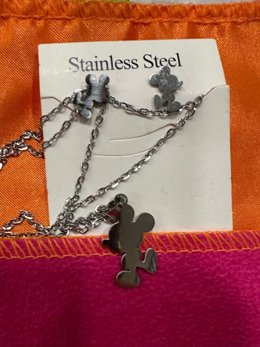 Stainless Steel Mickey Mouse Necklace & Earrings Set